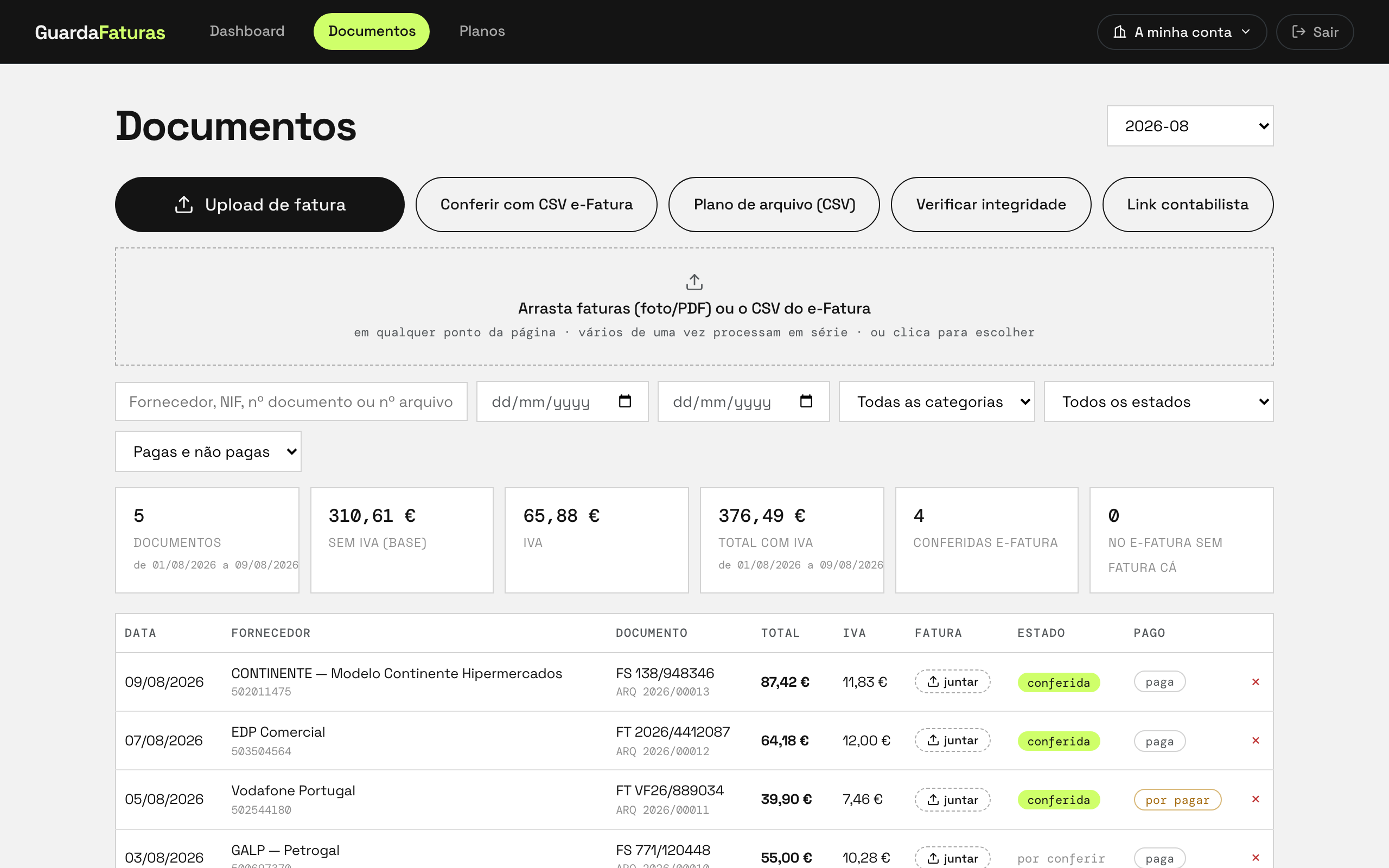 A folha de documentos real: filtros, totais com e sem IVA, estados e conferência e-Fatura
